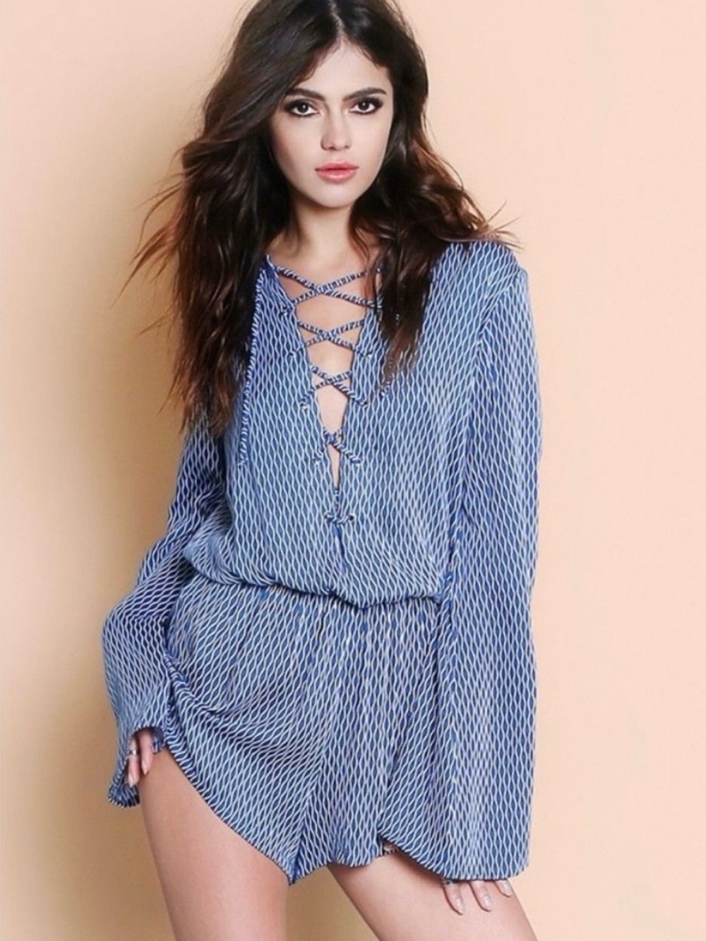 Faithfull the Brand Blue Lace-Up V-Neck Swim Coverup Romper